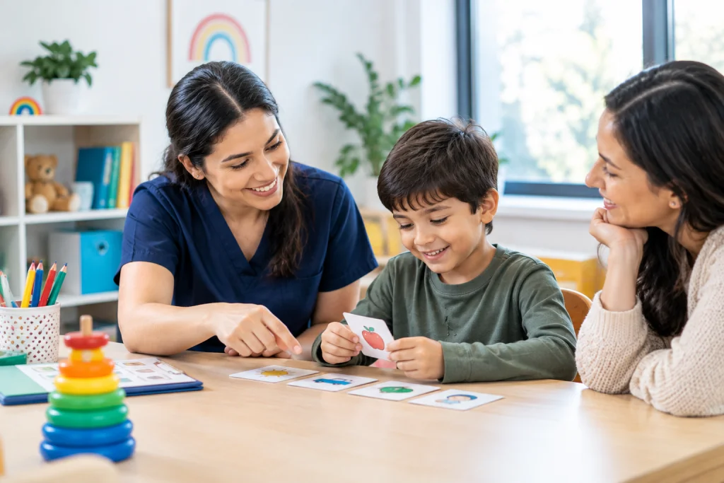 ABA therapist using picture cards during a learning session with a young child while a parent observes in a bright therapy setting