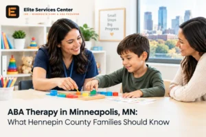 ABA therapy in Minneapolis featuring a therapist working with a young child on educational activities while a parent observes the session.