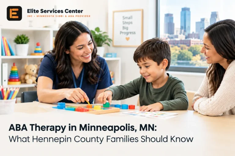 ABA therapy in Minneapolis featuring a therapist working with a young child on educational activities while a parent observes the session.