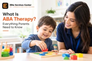 What is ABA therapy: therapist supporting a child during a learning activity
