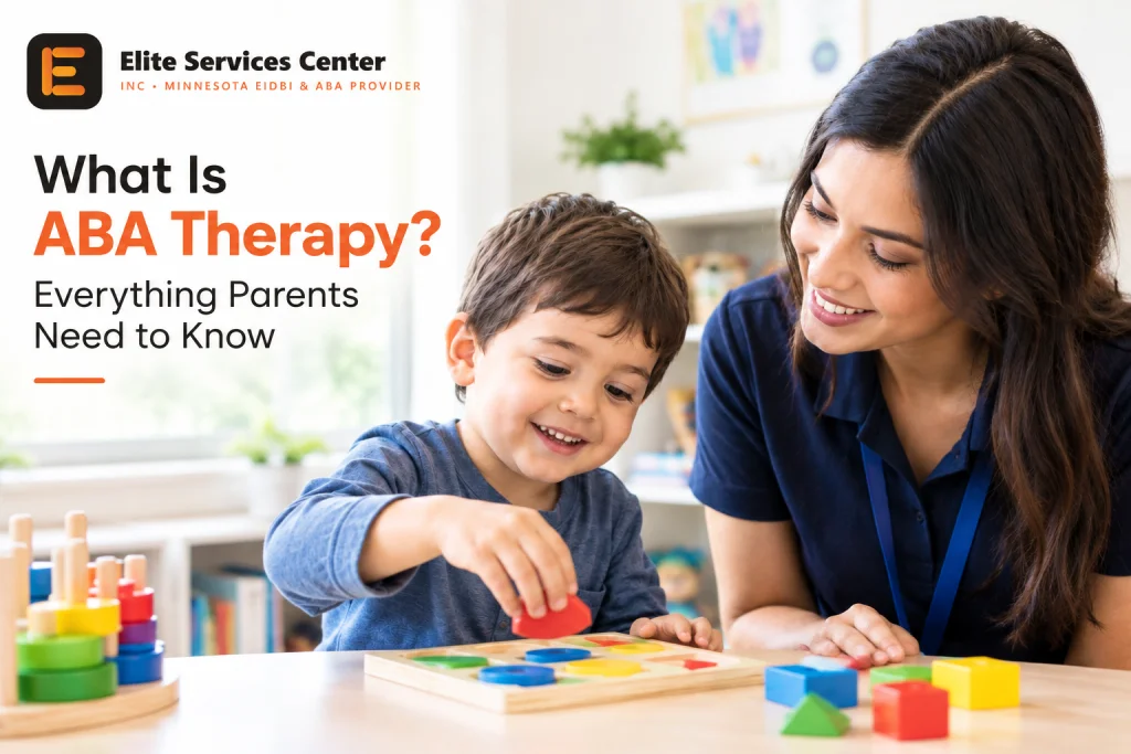 What is ABA therapy: therapist supporting a child during a learning activity