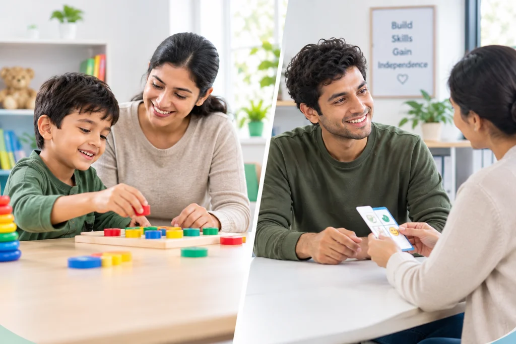 ABA therapist working with a child during a learning activity and an adult during a behavioral therapy session, illustrating ABA therapy for kids versus adults.